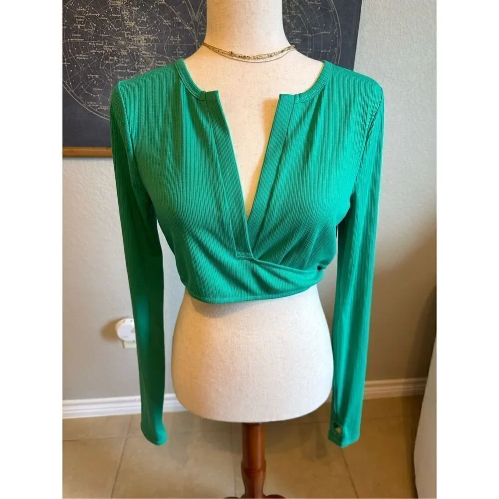 Lovers + Friends Ludrow Turquoise Long Sleeve Cropped Wrap Top Women’s Size L